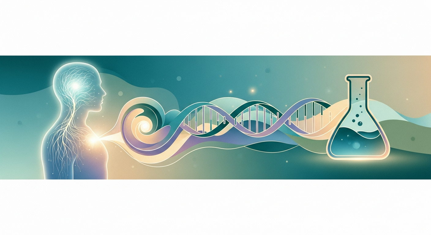 Ilustración de portada que entrelaza los cuatro grandes temas de la biología de 2° medio: una silueta humana con su red nerviosa iluminada, un motivo de nueva vida, una hélice de ADN y un matraz de laboratorio, en tonos pastel teal, lavanda y crema.