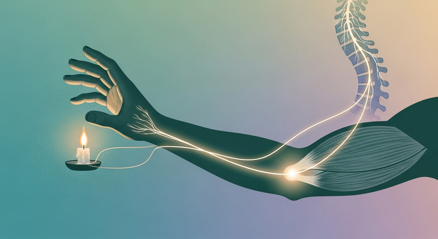 Ilustración de una mano que se retira de una llama mientras una señal recorre el brazo hasta la médula espinal y vuelve al músculo.