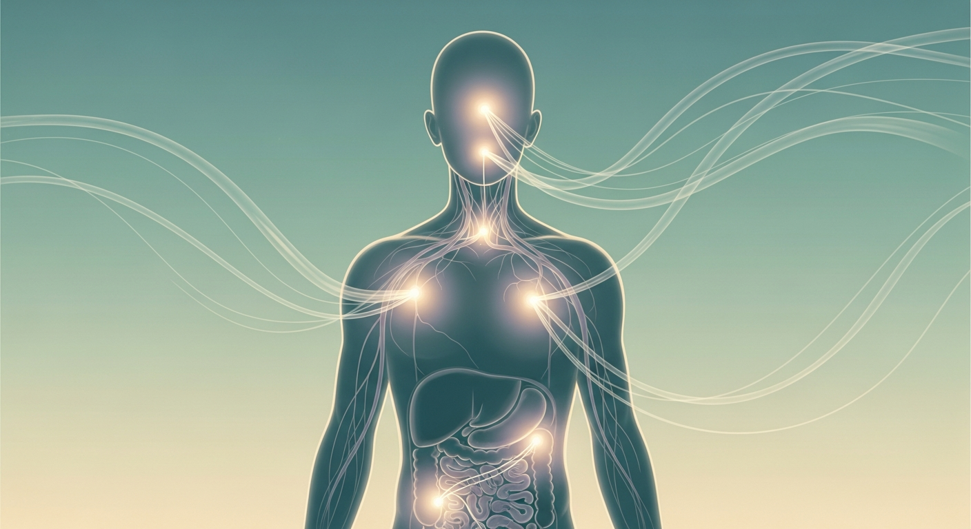 Ilustración conceptual de una silueta humana atravesada por corrientes suaves que conectan glándulas distantes, sugiriendo mensajeros químicos que viajan por la sangre.