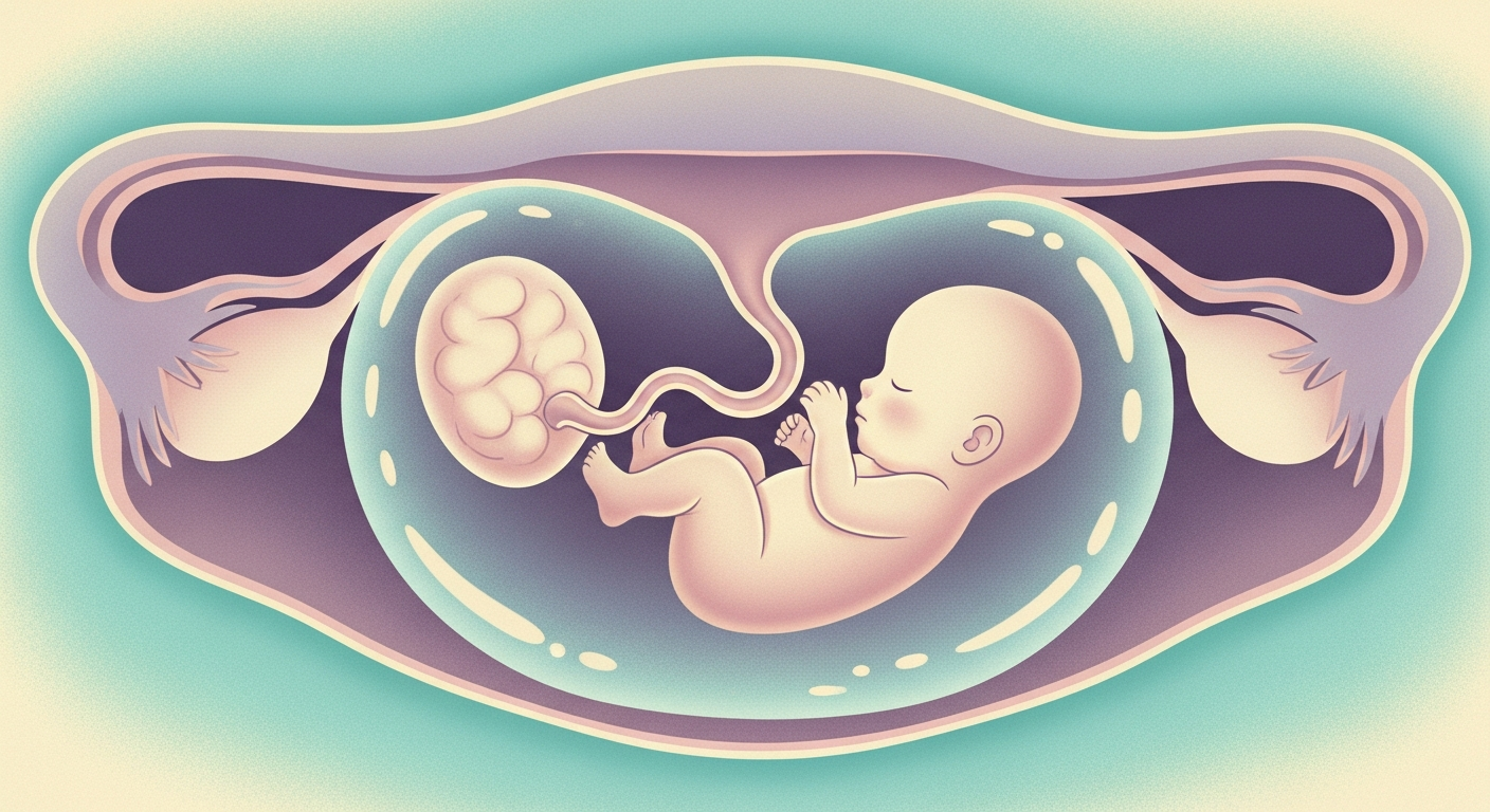 Ilustración serena de un feto flotando dentro del útero, rodeado de líquido amniótico y conectado por el cordón umbilical a la placenta, en tonos pastel de verde azulado y lavanda.