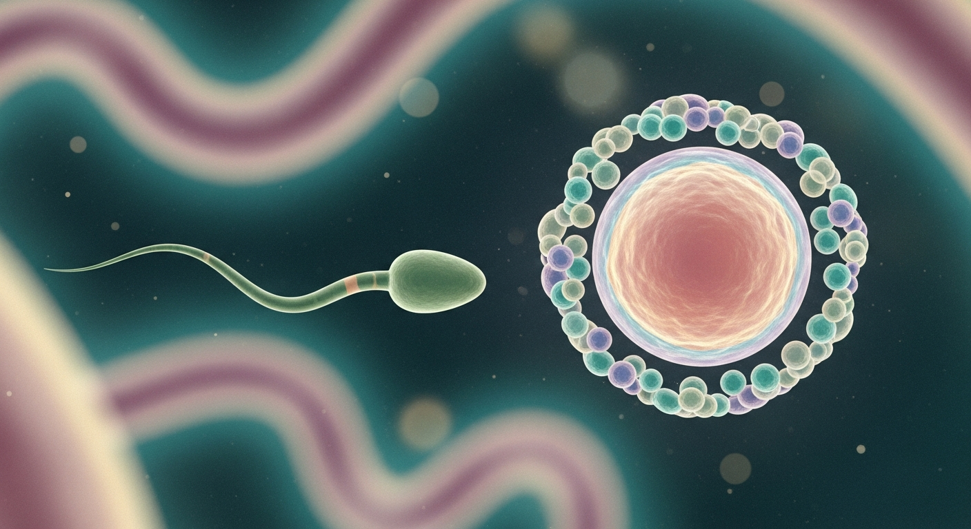 Ilustración editorial en tonos pastel de un ovocito rodeado de su corona de células mientras un espermatozoide se aproxima, con una trompa uterina insinuada al fondo.