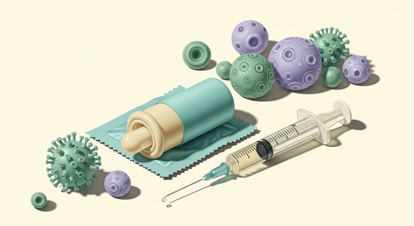Ilustración editorial en tonos pastel de un preservativo, una jeringa de vacuna y células, evocando prevención y salud sexual.
