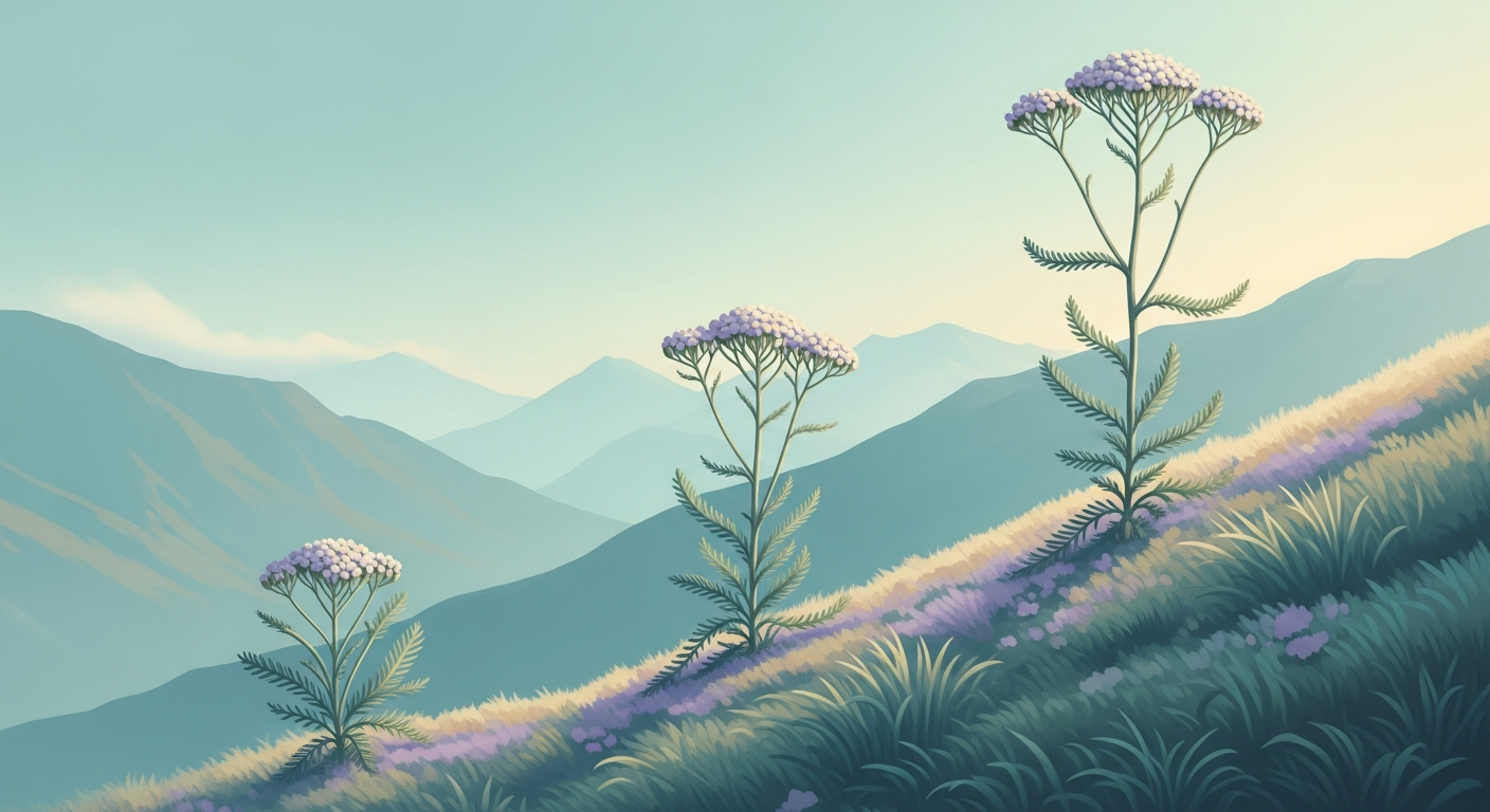Ilustración de tres esquejes idénticos de una misma planta creciendo a distinta altura sobre un paisaje de montaña escalonado, en tonos pastel teal y lavanda.