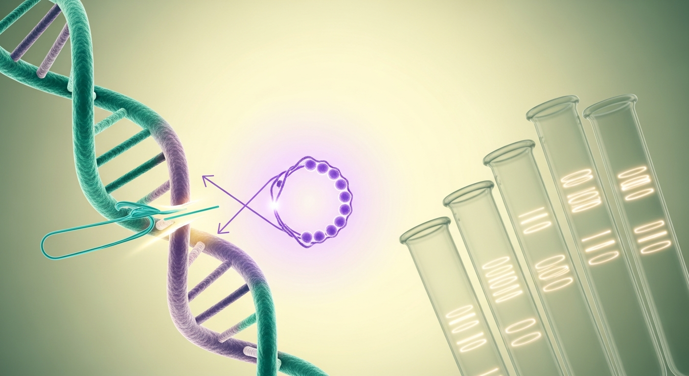 Ilustración editorial de una doble hélice de ADN siendo cortada y unida a un plásmido circular, junto a tubos de laboratorio que sugieren la amplificación por PCR, en tonos pastel teal y lavanda.