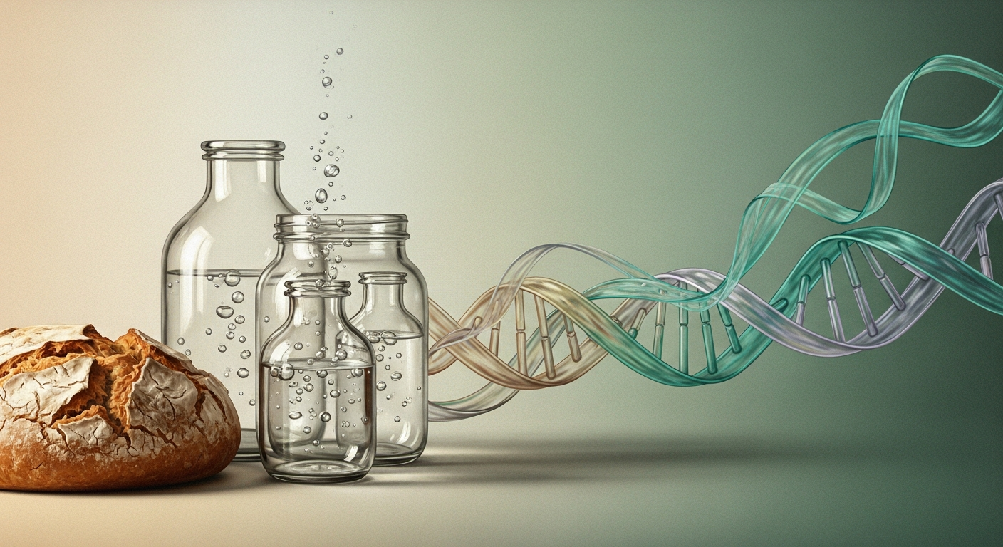 Composición que enlaza una hogaza de pan y frascos de fermentación con una hélice de ADN estilizada, sugiriendo el paso de la biotecnología tradicional a la moderna.