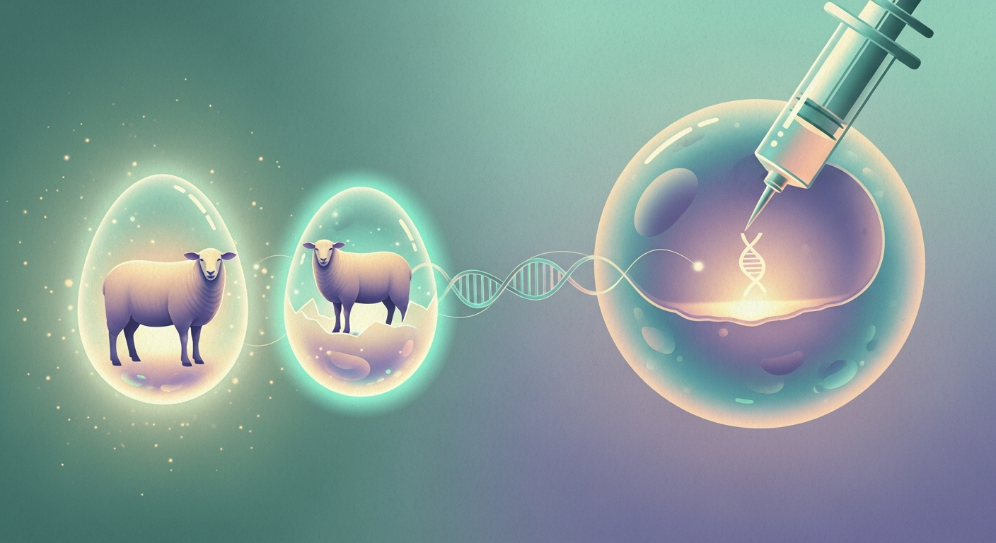 Ilustración conceptual: a la izquierda una oveja junto a una copia idéntica surgida de un óvulo; a la derecha una jeringa deposita un gen dentro de una célula, en tonos pastel teal, lavanda y crema.